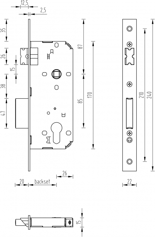 Lock body Dimensional Drawing